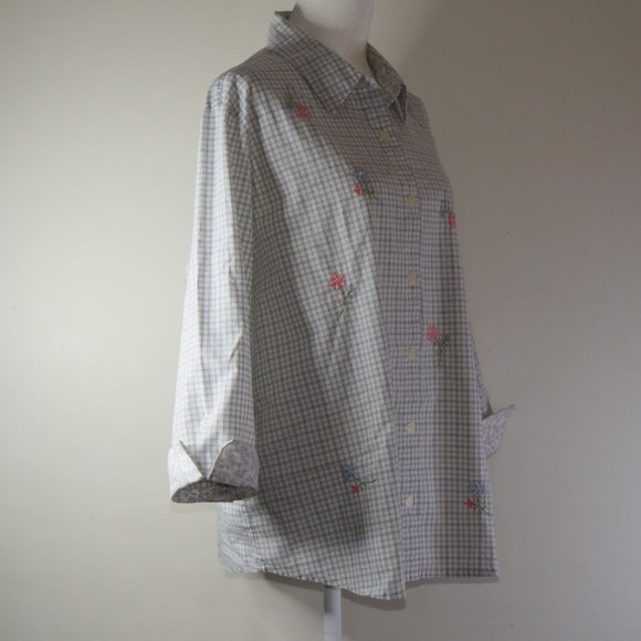 Alfred Dunner Women's Embroidered Floral Grid Button-Down Top Size 16W (C569) - Picture 3 of 6